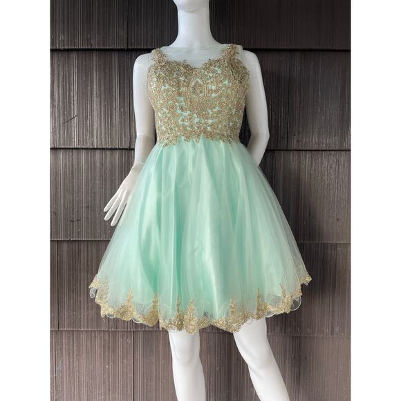 Let’s Dresses & Skirts - 🔥Let’s Aqua Mesh Illusion Neck Gold Lace Appliqué Tulle Party Babydoll Dress